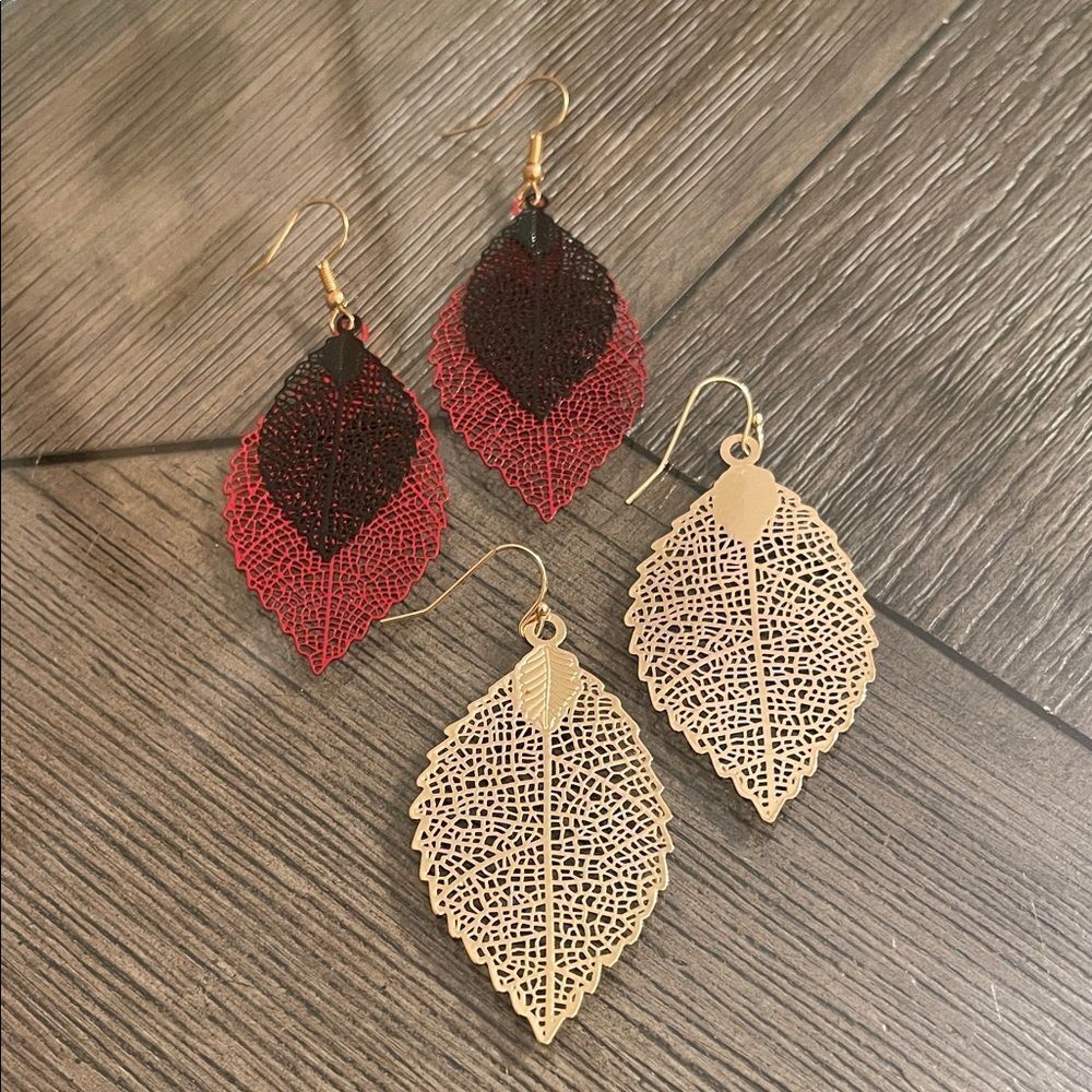 Set of Elegant Leaf Design Earrings in Red /Black and Gold-tone